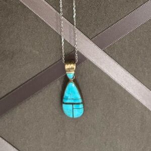 Genuine Vintage Sterling Silver and Turquoise inlaid Pendant Necklace